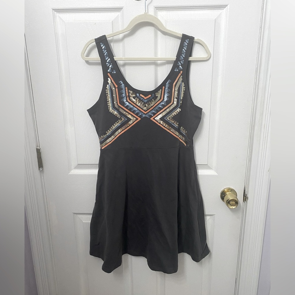 Express Grey Dress with Gold Orange Blue sequins.